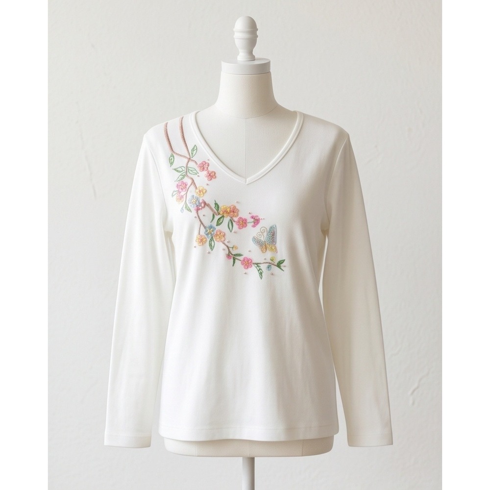 Quacker Factory XL White VNeck Long Sleeve Butterfly Floral Embroidered Top NEW
